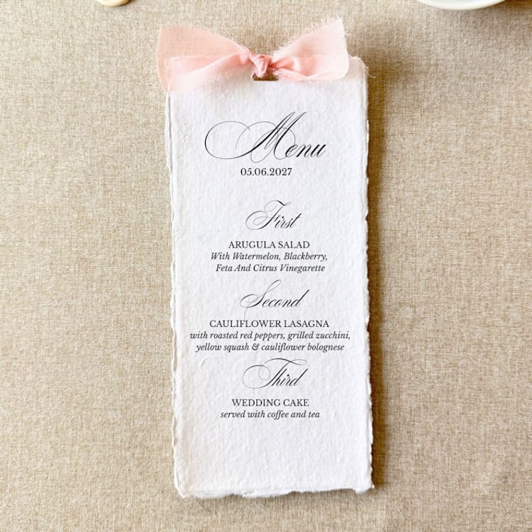 "Handmade Paper Menus With Blush Pink Bow | Set Of 10 | Custom Text" - Menus in pink by Cotton and Bow