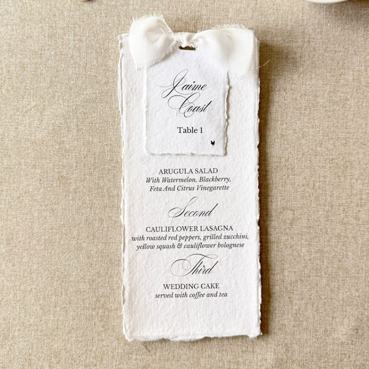 "White Ribbon Menus with Place Cards | Set Of 10" - Menus in white by Cotton and Bow