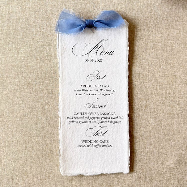 "Handmade Paper Menus With Dusty Blue Bow | Set Of 10 | Custom Text" - Menus in blue by Cotton and Bow