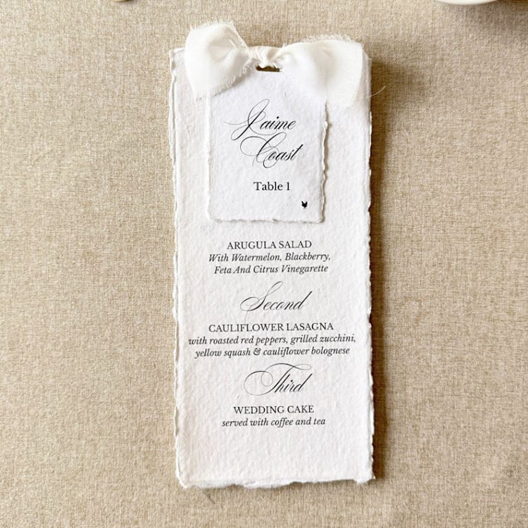 "White Bow Menus with Name Cards | Handmade paper | Set Of 10" - Menus in white by Cotton and Bow