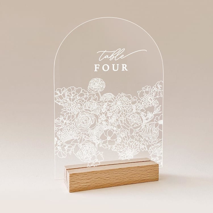 "Acrylic Ranunculus Floral Bouquet Wedding Table Number with Natural Wood Stand, Set of 1" - Table Numbers in white by Iveta Abolina