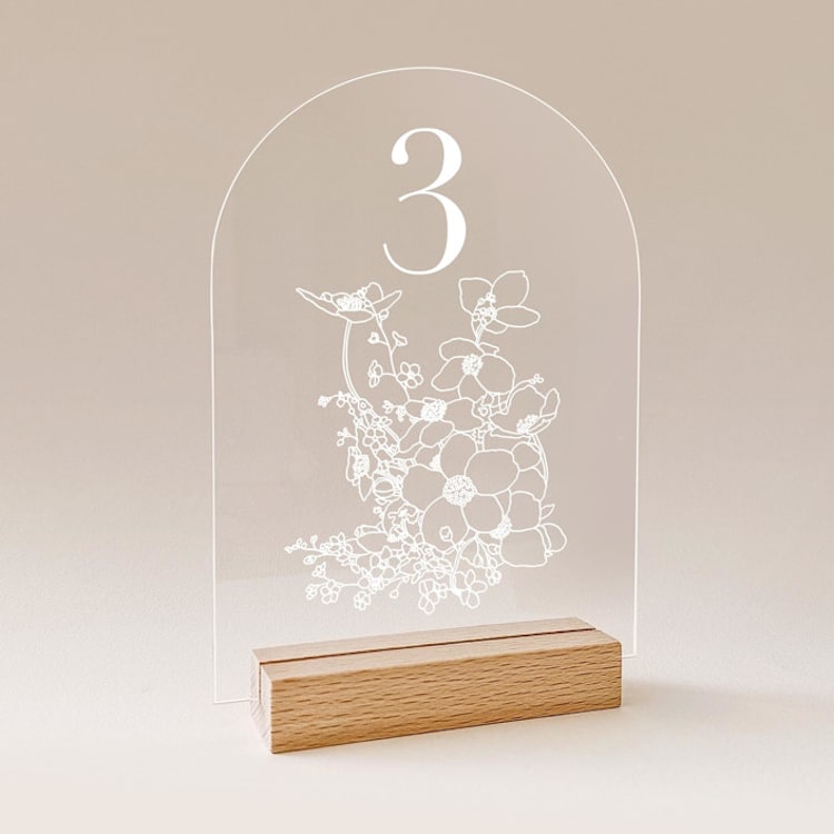 "Acrylic Cosmos Floral Bouquet Wedding Table Number with Natural Wood Stand, Set of 1" - Table Numbers in white by Iveta Abolina