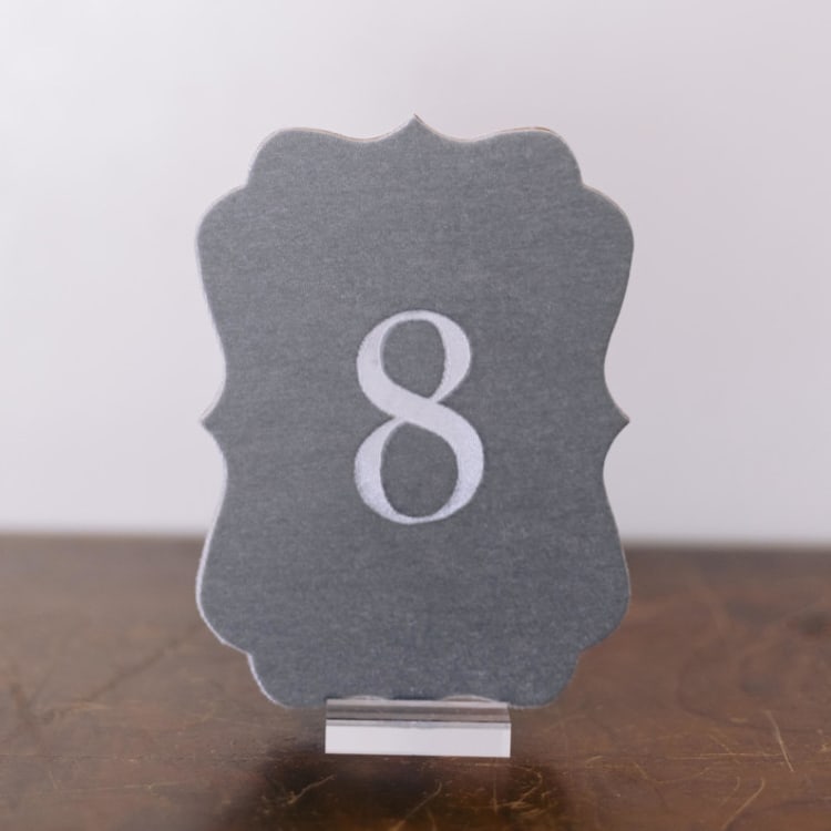 "Double Sided Table Number - Scroll - Dove" - Table Numbers in gray by Velvet Raptor