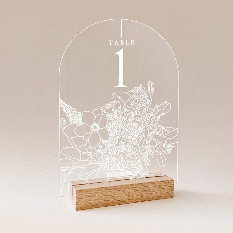 "Acrylic Mixed Floral Bouquet Wedding Table Number with Natural Wood Stand, Set of 1" - Table Numbers in white by Iveta Abolina