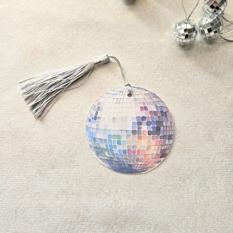 "Watercolor Disco Ball Place Card with Silver Tassel- Personalized with Calligraphy- Set of 10" - Place and Escort Cards in multicolor by Inkspiringletters