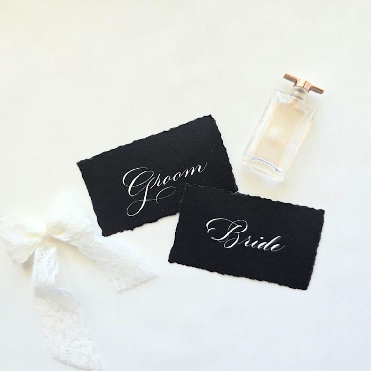 "Custom Calligraphy Place Cards- Black Hand-torn Paper- Set of 10" - Place and Escort Cards in black by Inkspiringletters