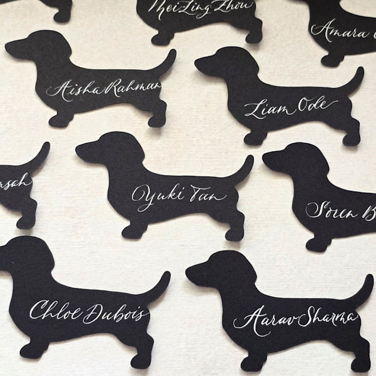 "Black Dachshund Die-Cut Place Card- Customizable- Set of 10" - Place and Escort Cards in black by Inkspiringletters