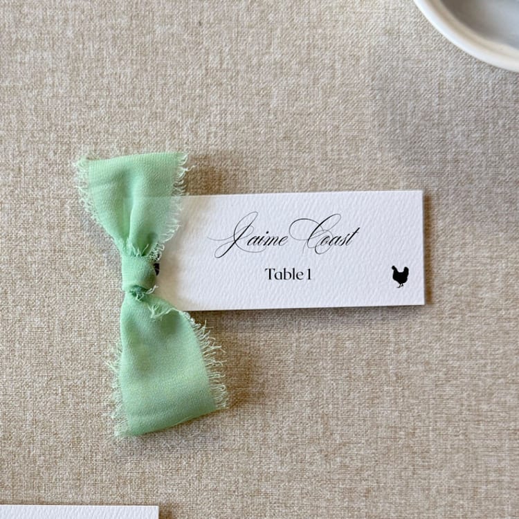 "Slim Place Cards With Sage Green Bow | Set Of 10 | Custom Text" - Place and Escort Cards in green by Cotton and Bow