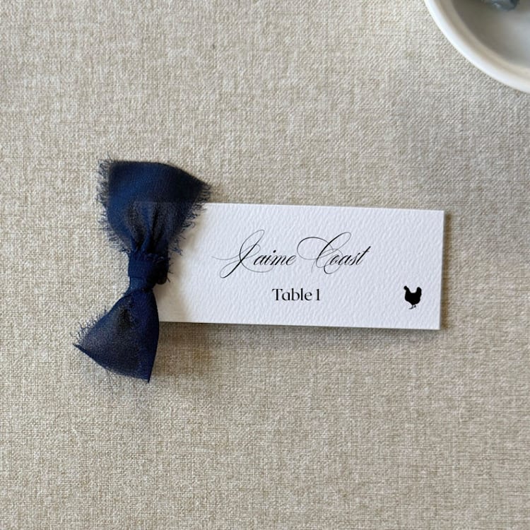 "Slim Place Cards With Navy Blue Bow | Set Of 10 | Custom Text" - Place and Escort Cards in blue by Cotton and Bow