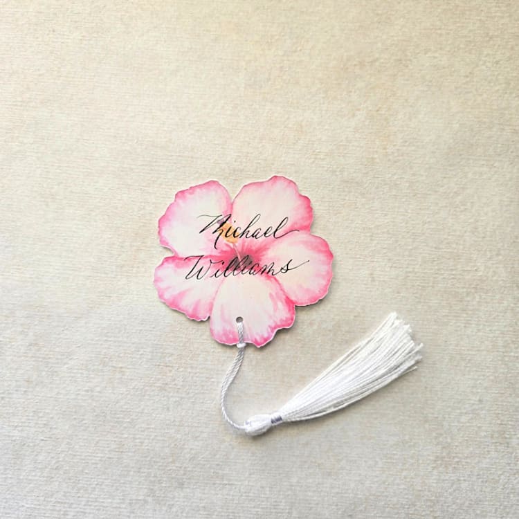 "Watercolor Pink Hibiscus Place Card with Tassel- Personalized- Set of 10" - Place and Escort Cards in pink by Inkspiringletters