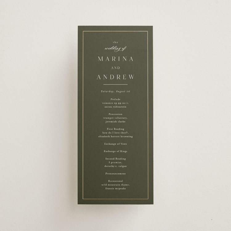 "Refined" - Wedding Programs in Deep Olive by Nicole Walsh - Front