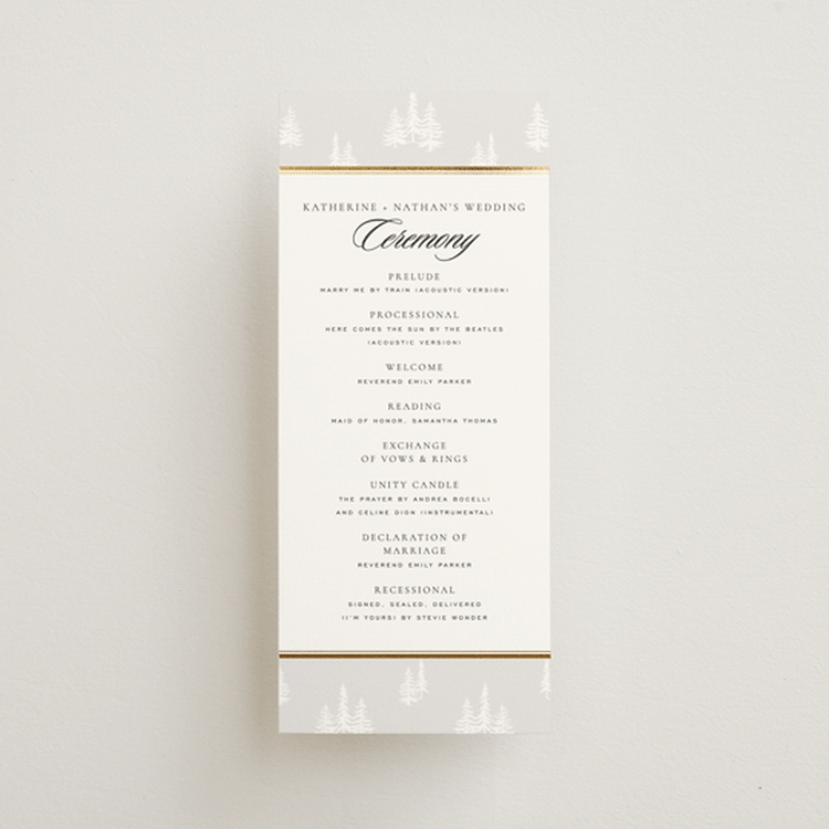 "Gilded Forest" - Wedding Programs in Snow by Stacy Maalouf - Front