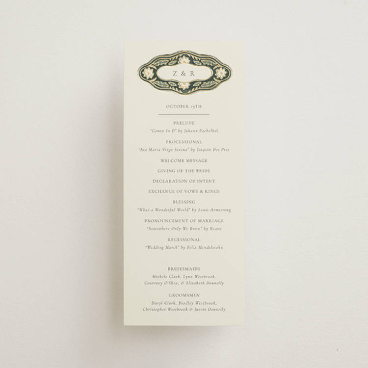 "Frame" - Wedding Programs in Emerald by Jen Owens - Front