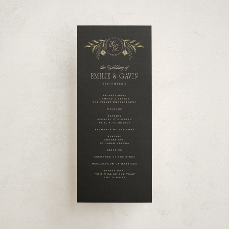 "Emilie" - Wedding Programs in Noir by Randi Cirelli - Front