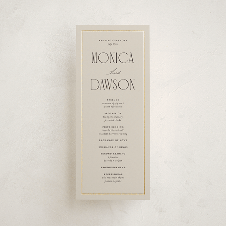 "Luxe Lines" - Wedding Programs in Champagne by Kristin Oliversen - Front