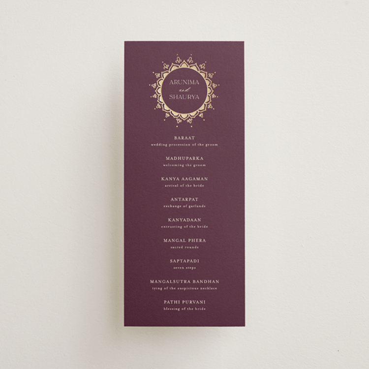 "Arunima" - Wedding Programs in Plum by Randi Cirelli - Front