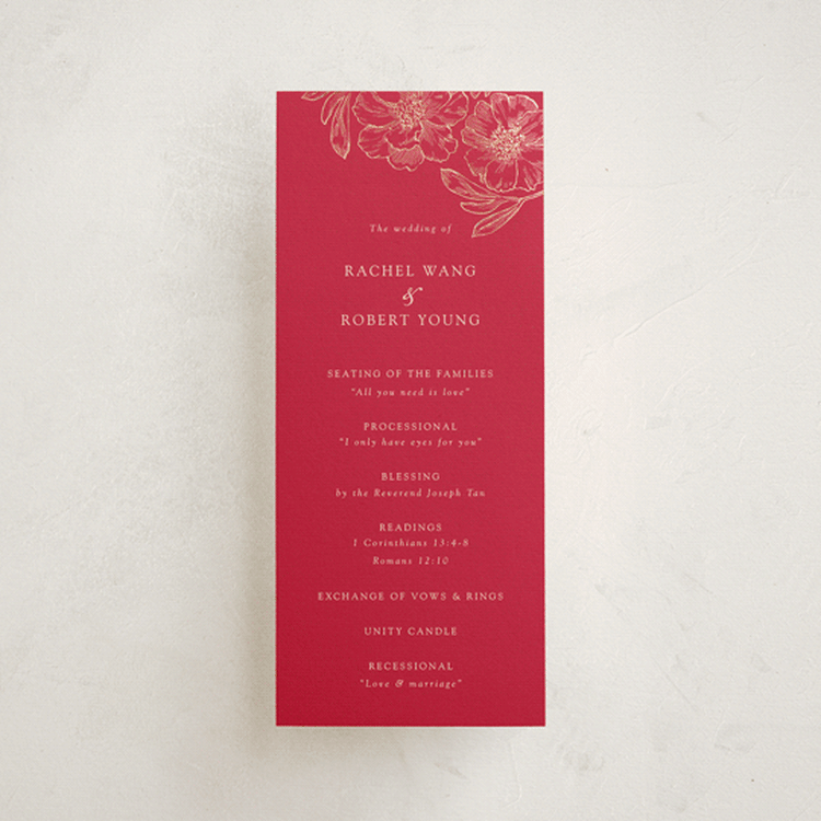 "Double Peony" - Wedding Programs in Ruby by Janean Hinger - Front