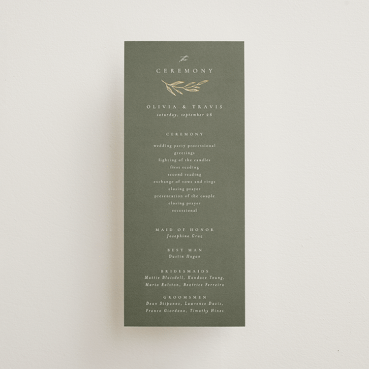 "Leaves" - Wedding Programs in Moss by Kelly Schmidt - Front