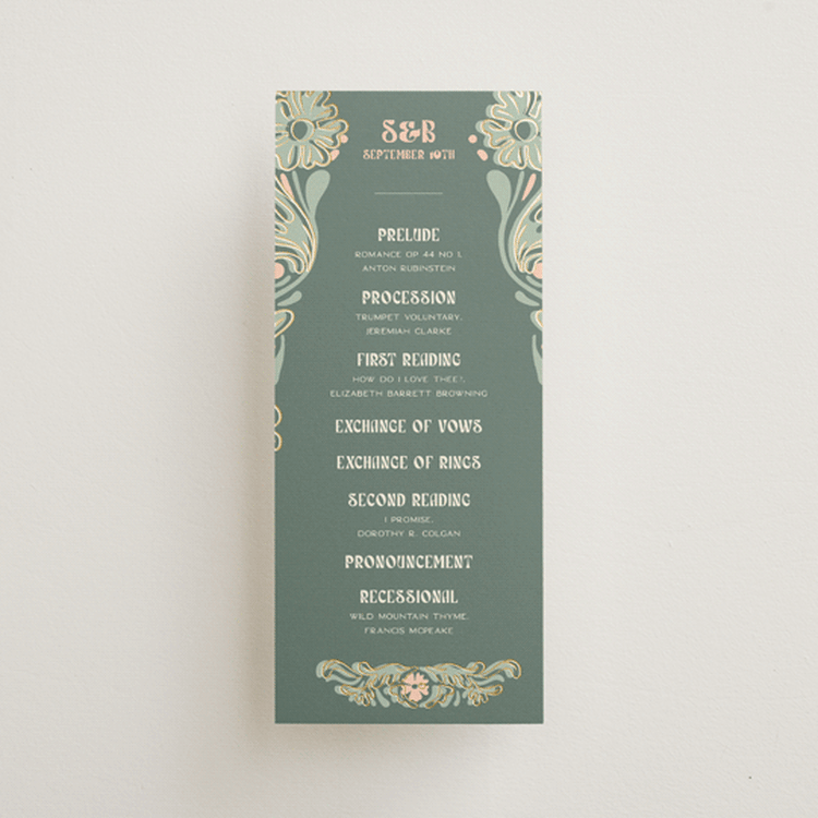 "Nouveau Frame" - Wedding Programs in Sage by GeekInk Design - Front