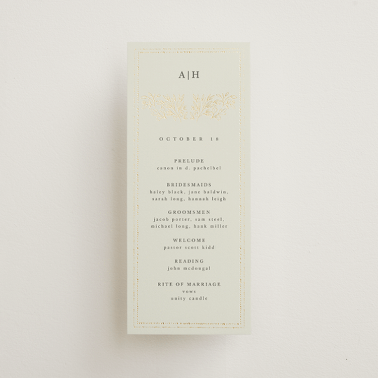"Foil Botanical Frame" - Wedding Programs in Taupe by Hannah Williams - Front