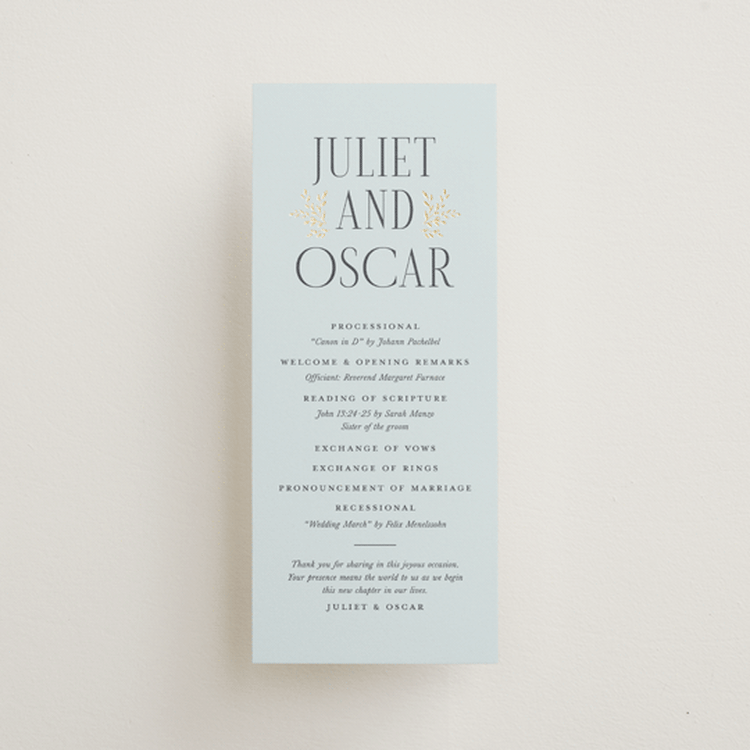 "Enchanted" - Wedding Programs in Mist by Laura Hankins - Front