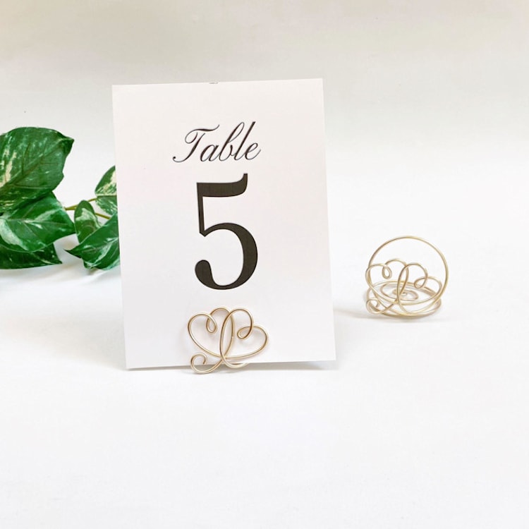"Champagne Wire Double Heart Table Number Card Holder, Set of 5" - Place Card Holders in clear by JV Country Creations
