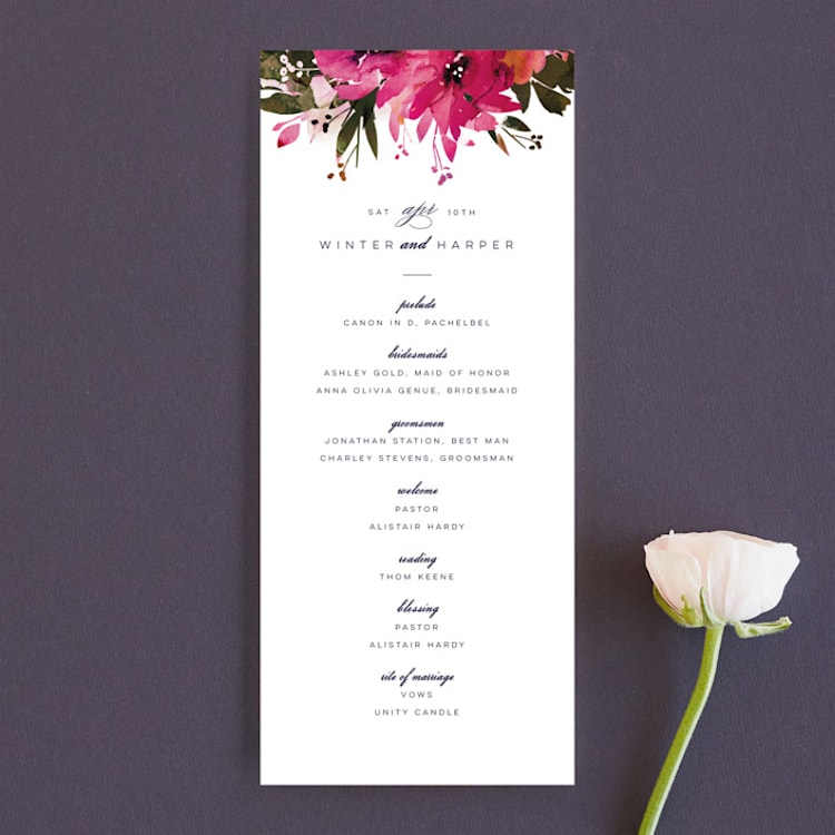 "Peeking Florals" - Wedding Programs in Fuchsia by Lori Wemple - Front
