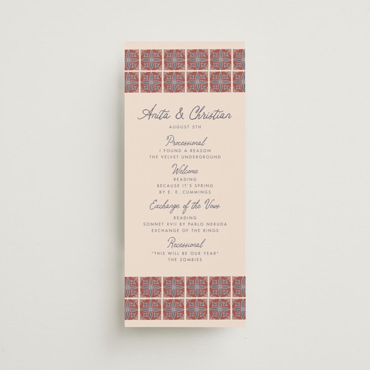 "Block Print Tile" - Wedding Programs in Terracotta by Katharine Watson - Front