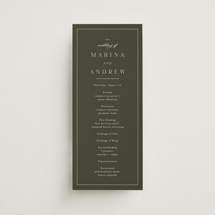 "Refined" - Wedding Programs in Deep Olive by Nicole Walsh - Front