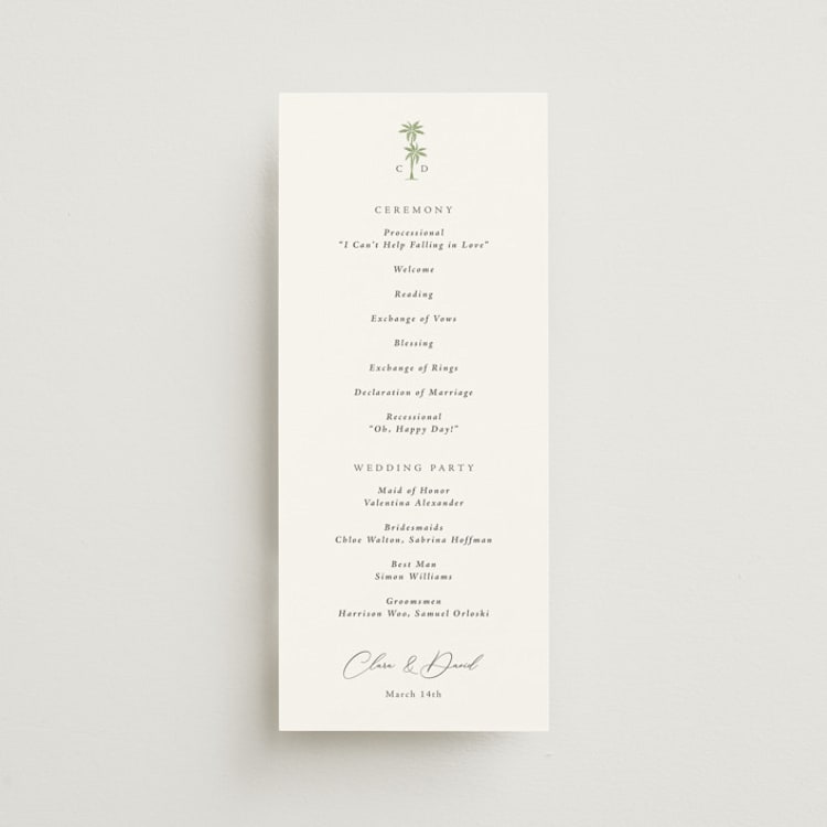 "Palm Monogram" - Wedding Programs in Leaf by Olivia Raufman - Front