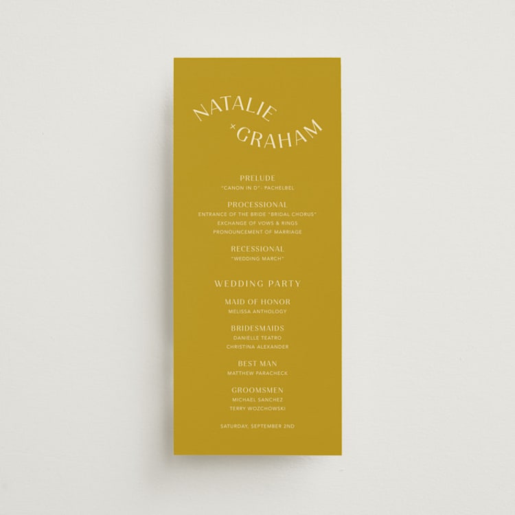 "Swoop" - Wedding Programs in Marigold by Stacey Day - Front