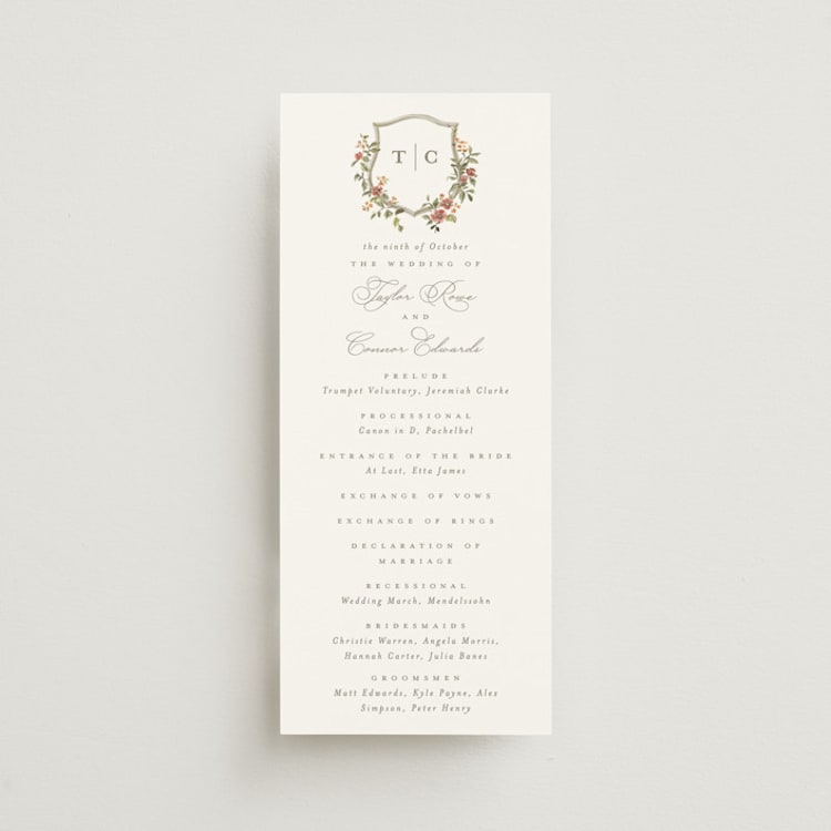 "Foliage Crest" - Wedding Programs in Mulberry by Everett Paper Goods - Front