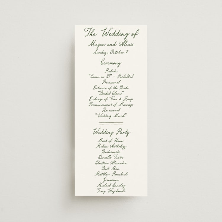 "Handwritten" - Wedding Programs in Moss by Cass Loh - Front