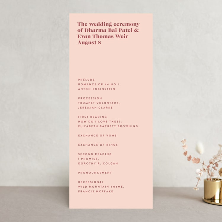 "Headline" - Wedding Programs in Rust by Melissa Egan of Pistols - Front