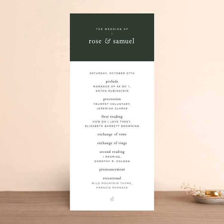 "A Dash of Delight" - Wedding Programs in Pine Needle by Bramble Studio - Front