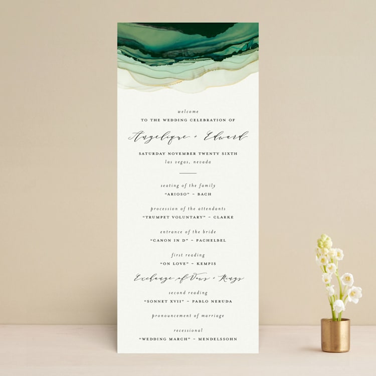 "Flow" - Wedding Programs in Emerald by Three Kisses Studio - Front