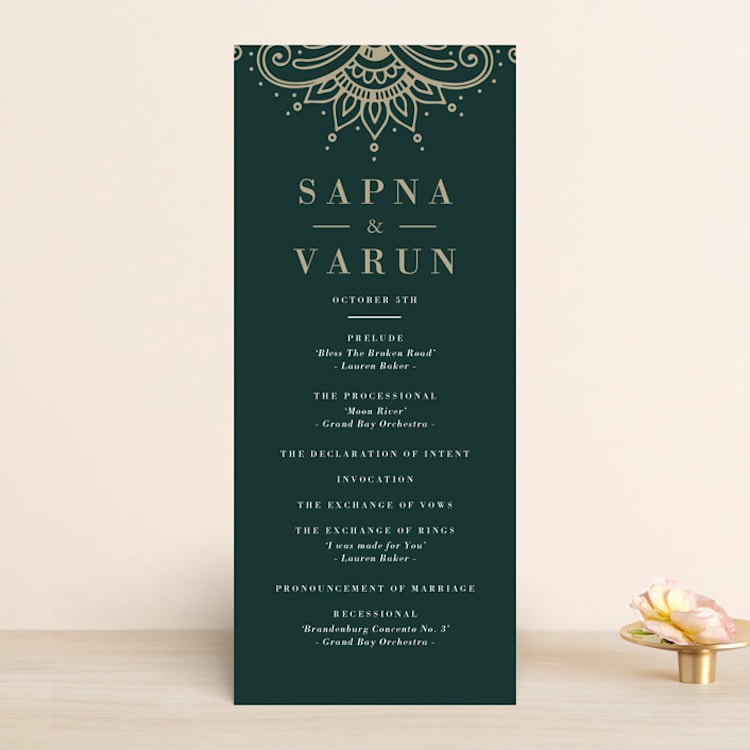 "Engraved Paisley" - Wedding Programs in Cardamom by Oma N. Ramkhelawan - Front