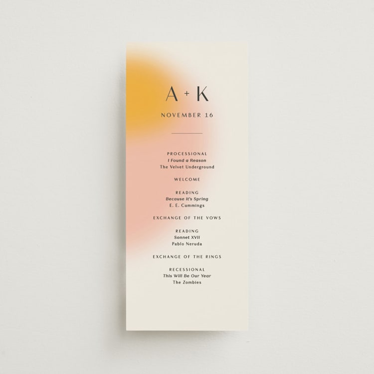 "Blend" - Wedding Programs in Honeysuckle by Sarah Lenger - Front