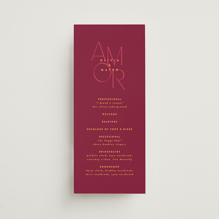 "Amor" - Wedding Programs in Caliente by Owl and Toad - Front