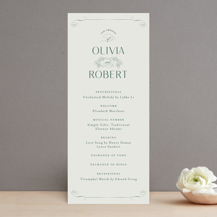 "Chantilly" - Wedding Programs in Emerald by Kimberly Morgan - Front
