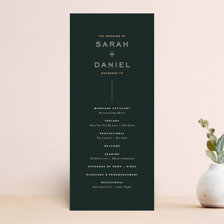 "Top to Bottom" - Wedding Programs in Evergreen by Kindred Fields - Front