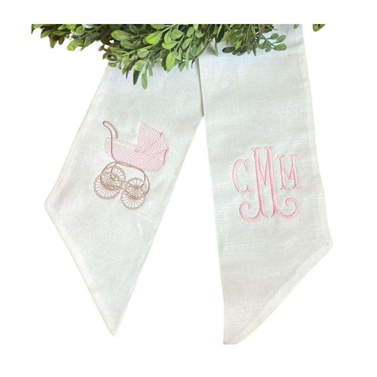 "Custom Embroidered Baby Carriage Wreath Sash with Monogram" - Wreaths in white by Virginia Marcello
