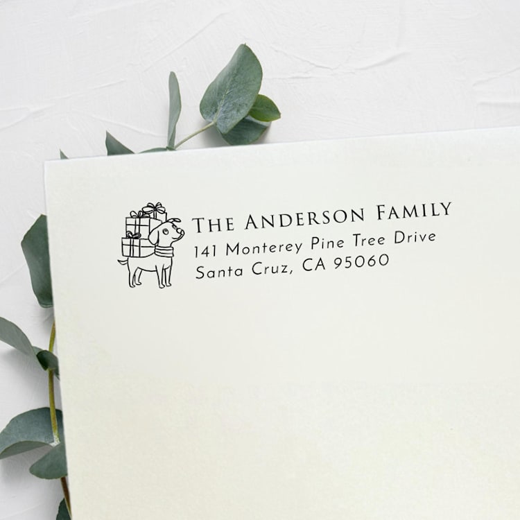"Christmas Dog Address Stamp | Self Inking Return Address Stamp" - Address Stamps in black by Samantha Malvey