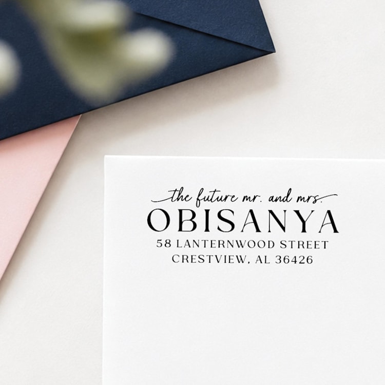 "Future Mr and Mrs Stamp - Wedding Address Stamp | Wood Handle Stamp" - Address Stamps in multicolorassorted-colors by Sara Luke