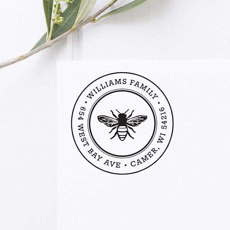 "Honey Bee Return Address Stamp, Round Self Inking" - Address Stamps in black by Port of Reverie