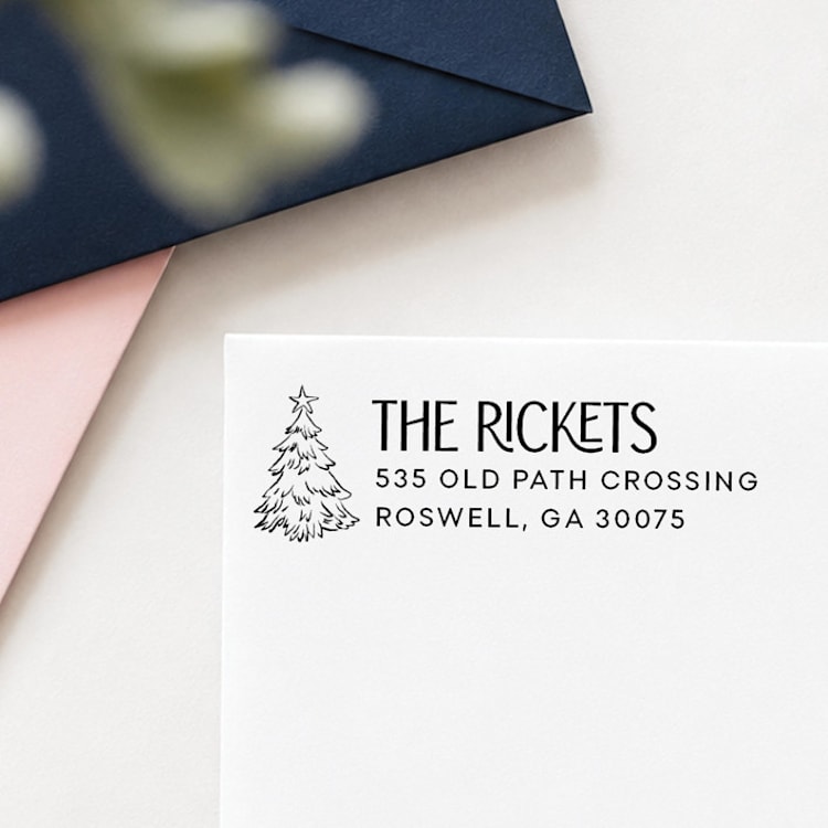 "Christmas Tree Return Address Stamp | Self-Inking Stamp" - Address Stamps in multicolor by Sara Luke
