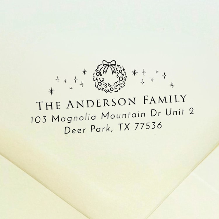 "Wreath Address Stamp | Self Inking Return Address Stamp" - Address Stamps in black by Samantha Malvey