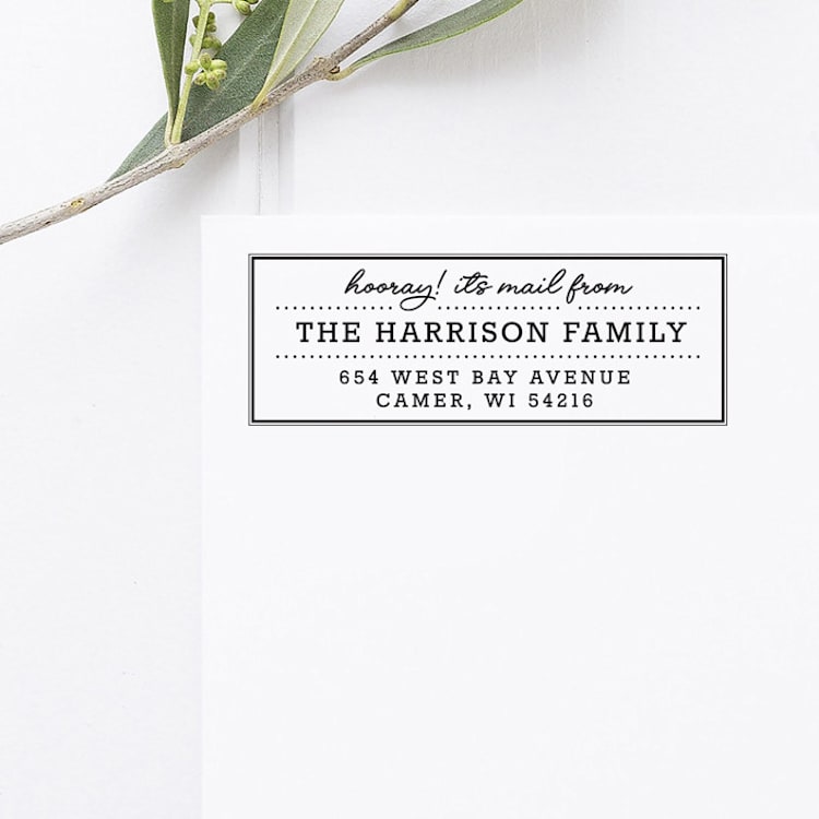 "Retro Return Address Stamp, Self Inking Rectangle" - Address Stamps in black by Port of Reverie