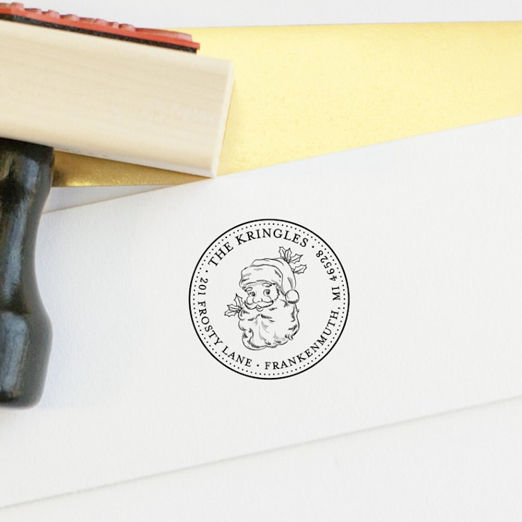 "Christmas Address Stamp with Vintage Santa | Wood Handle Stamp" - Address Stamps in multicolorassorted-colors by Sara Luke