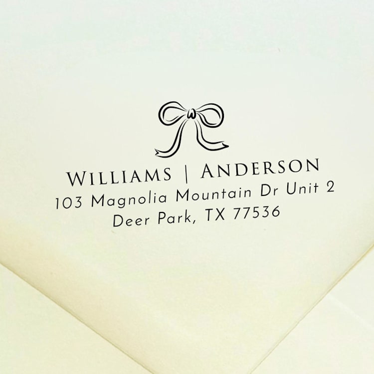 "Ribbon Bow Address Stamp | Self Inking Return Address Stamp" - Address Stamps in black by Samantha Malvey